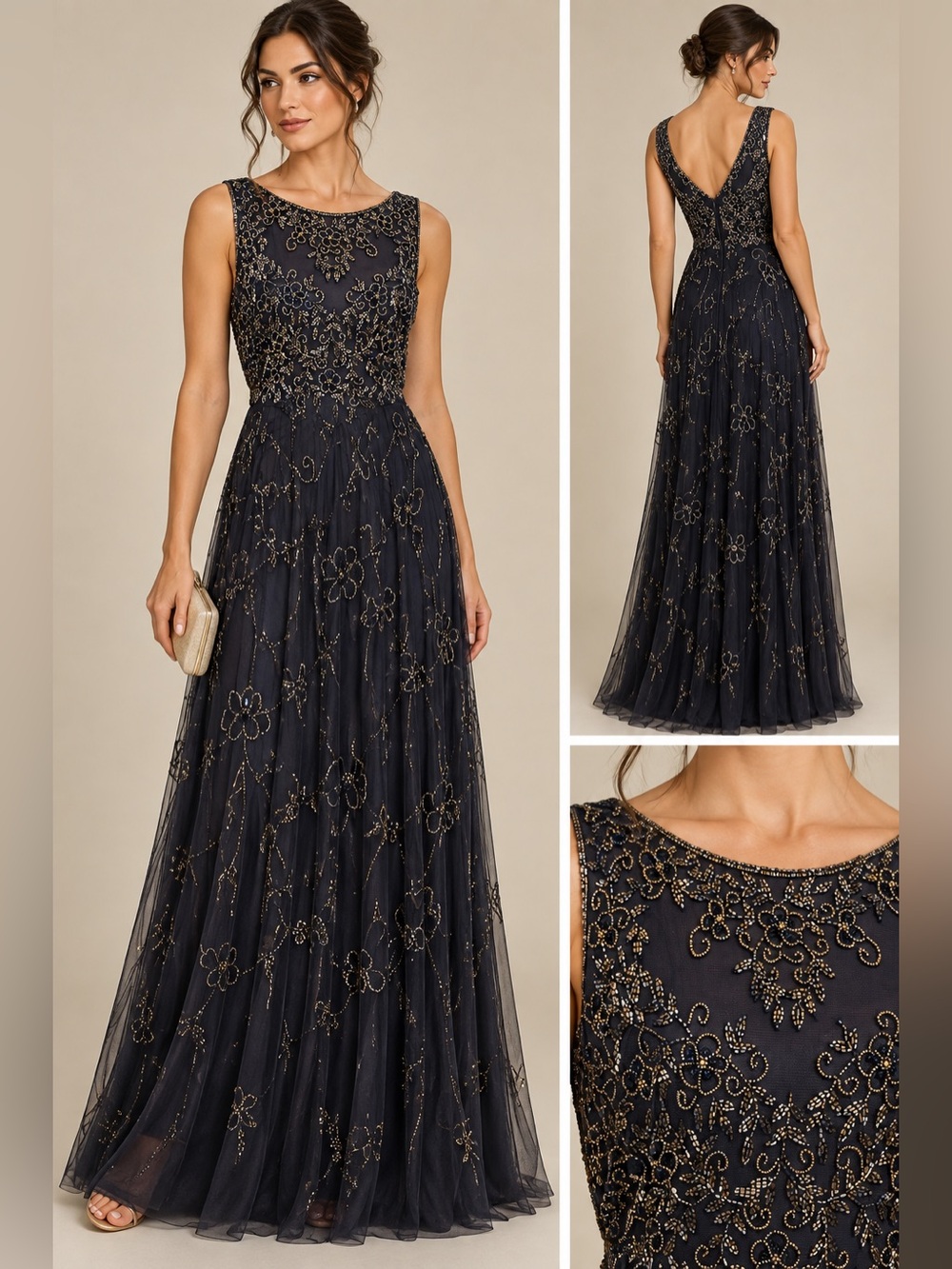Pisarro Nights Navy Gold Beaded Embellished Formal Maxi Gown Size 8